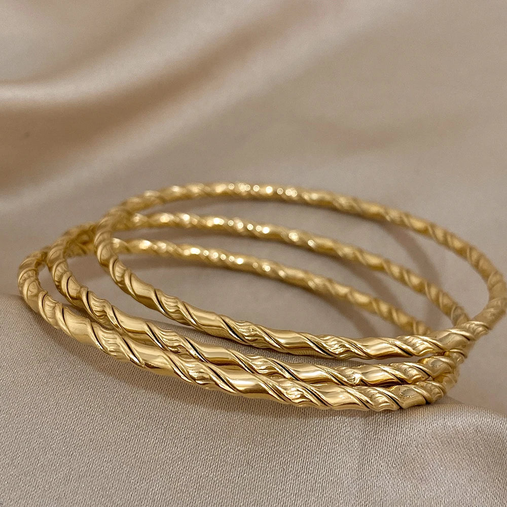 3PCS Gold Color Twist Stainless Steel Bangle Set – Chic Tibetan Buddha-Inspired Stackable Bracelets for Women - Image 6