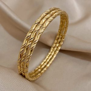 3PCS Gold Color Twist Stainless Steel Bangle Set – Chic Tibetan Buddha-Inspired Stackable Bracelets for Women
