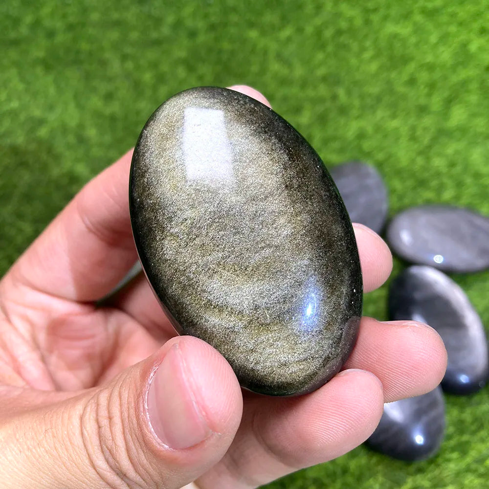 1PC Silver Golden Obsidian Palm Stone – Natural Oval Crystal for Feng Shui, Healing & Meditation