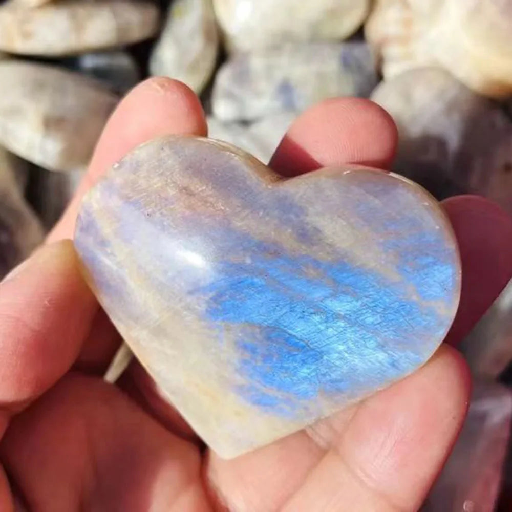 1PC Rare Blue Moonstone Heart – Natural Crystal Carving for Feng Shui, Healing & Meditation