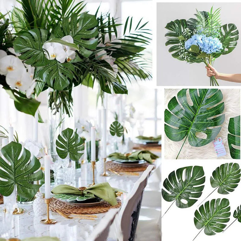 12pcs Artificial Tropical Palm Leaves – Hawaiian Luau & Jungle Party Table Decor - Image 3