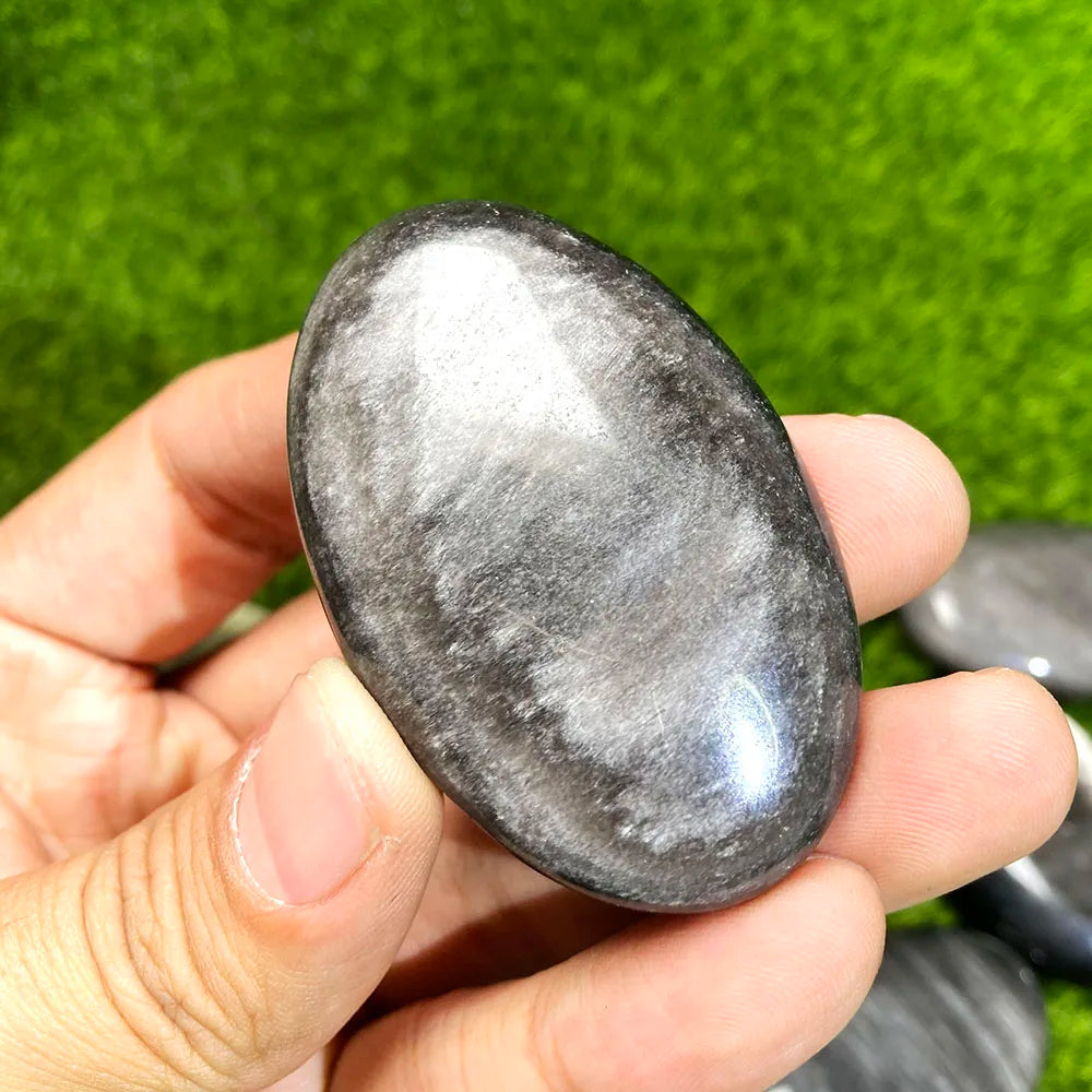 1PC Silver Golden Obsidian Palm Stone – Natural Oval Crystal for Feng Shui, Healing & Meditation - Image 8
