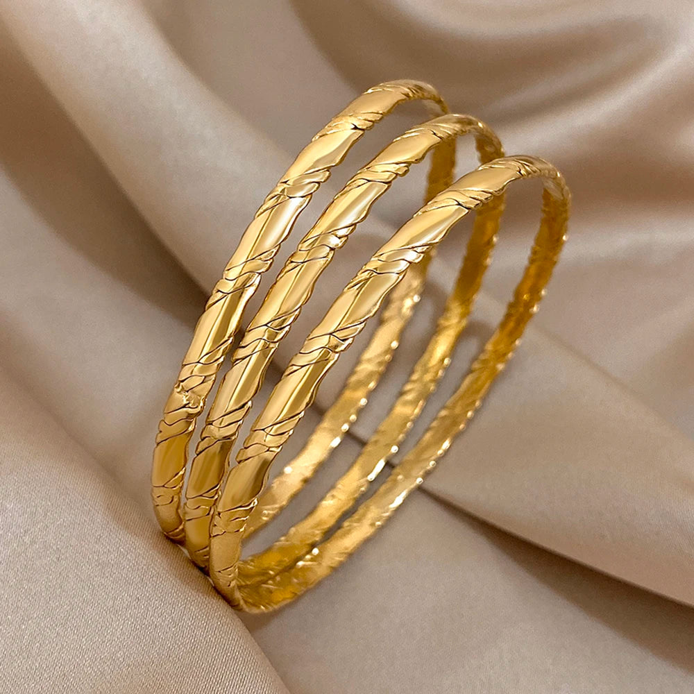 3PCS Gold Color Twist Stainless Steel Bangle Set – Chic Tibetan Buddha-Inspired Stackable Bracelets for Women - Image 9