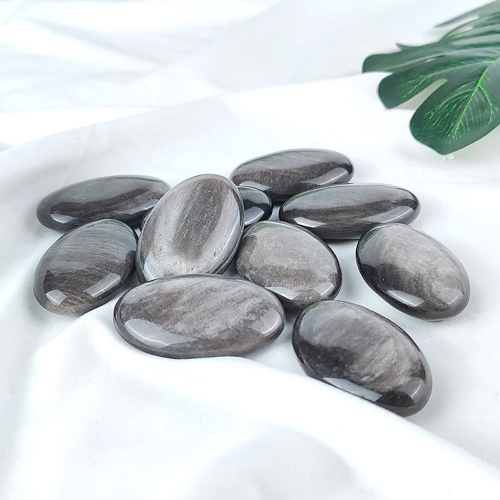 1PC Silver Golden Obsidian Palm Stone – Natural Oval Crystal for Feng Shui, Healing & Meditation - Image 4