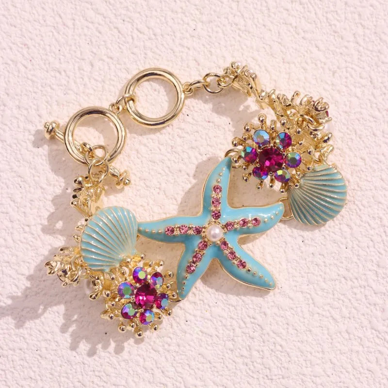 HANGZHI Blue & Pink Drip Oil Starfish Shell Pearl Bracelet Anklet – Summer Beach Jewelry for Women - Image 9