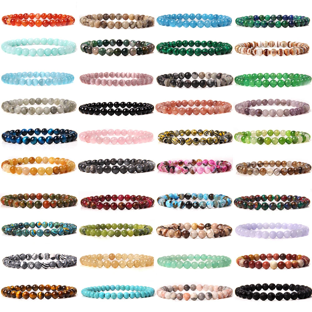 6MM Natural Stone Bead Stretch Bracelet – Energy Healing Agate Elastic Bangle for Men & Women