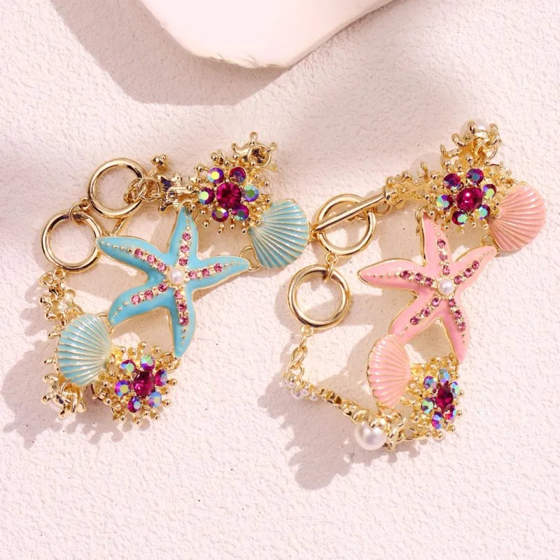 HANGZHI Blue & Pink Drip Oil Starfish Shell Pearl Bracelet Anklet – Summer Beach Jewelry for Women - Image 6